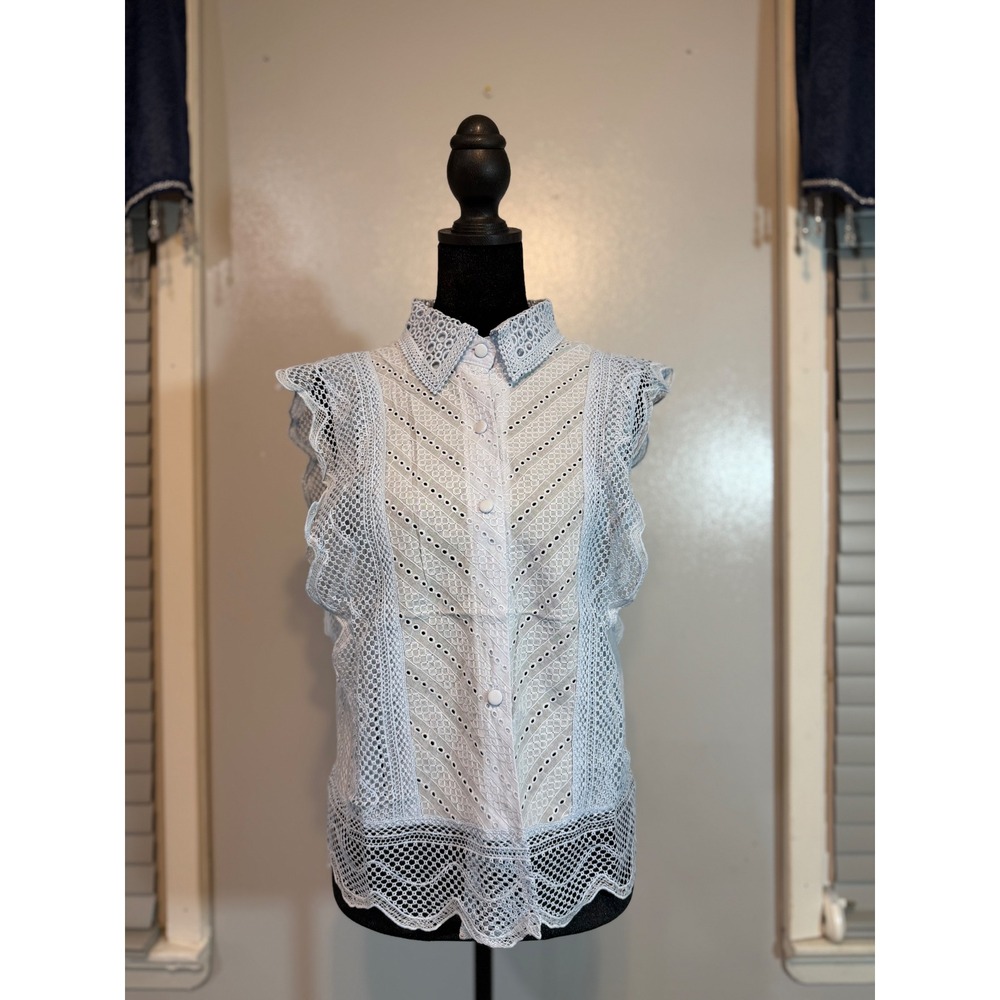 NWT Light Blue Lace Eyelet Ruffle Blouse Cottagecore Romantic Top Small